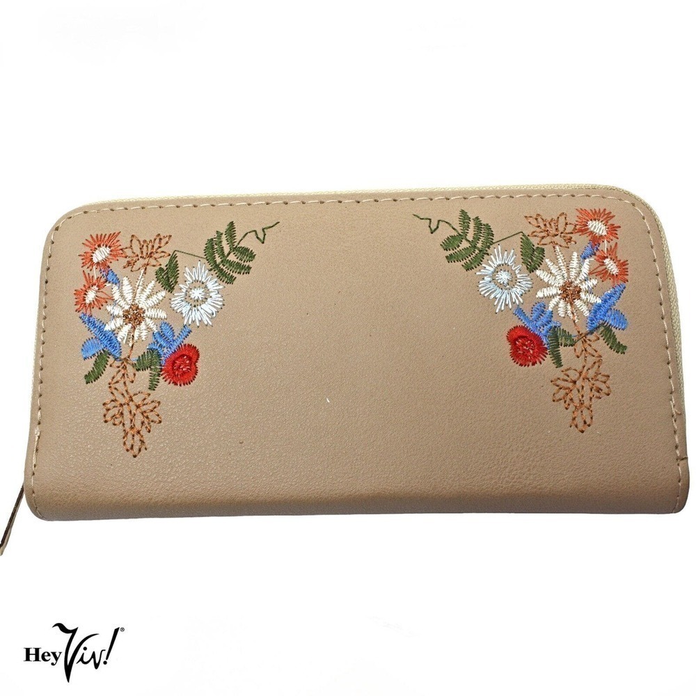 Tan Embroidered Flower Zip Wallet Clutch Easy to Hold and Carry 7.5 x4" -Hey Viv